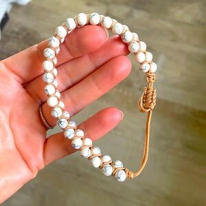 Womens White Howlite Bead Woven Bracelet Tan Adjustable Cord Boho Marbled‎ Stone